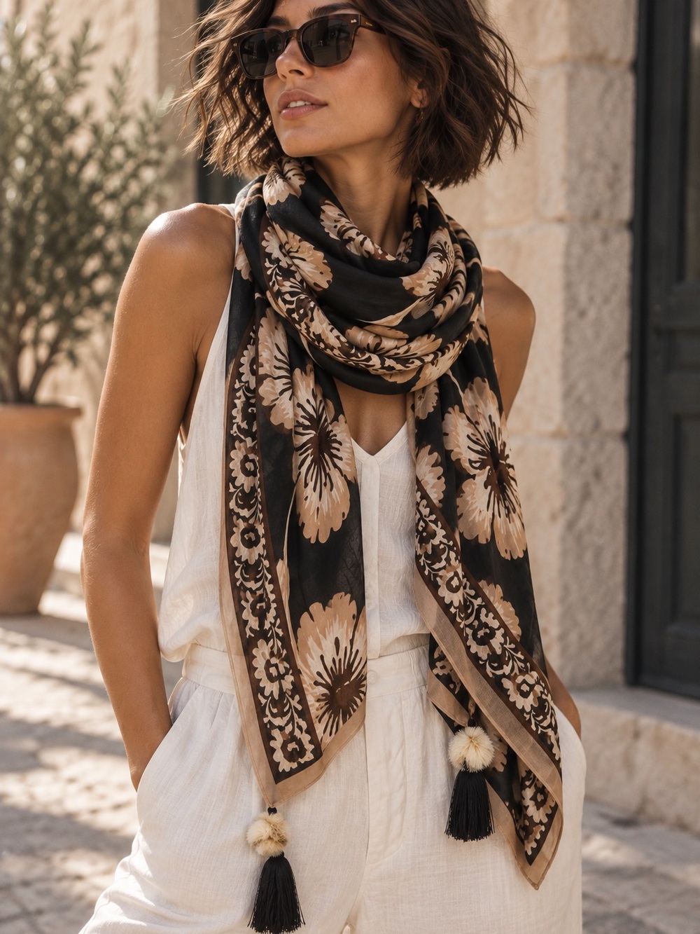 NWT | Vince Camuto Black Tan Floral Tassel Shawl Scarf Wrap